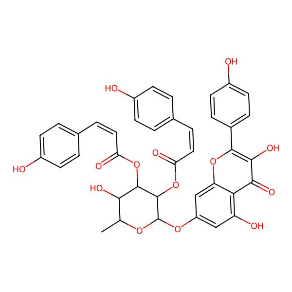 2D Structure of [2-[3,5-Dihydroxy-2-(4-hydroxyphenyl)-4-oxochromen-7-yl]oxy-5-hydroxy-3-[3-(4-hydroxyphenyl)prop-2-enoyloxy]-6-methyloxan-4-yl] 3-(4-hydroxyphenyl)prop-2-enoate