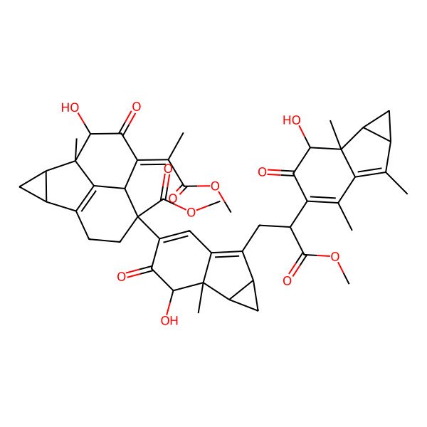 2D Structure of methyl (1S,2R,4S,8R,9R,10Z,12R)-8-[(1aR,1bS,2R,6aS)-6-[(2R)-2-[(1aR,1bS,2R,6aS)-2-hydroxy-1b,5,6-trimethyl-3-oxo-1,1a,2,6a-tetrahydrocyclopropa[a]inden-4-yl]-3-methoxy-3-oxopropyl]-2-hydroxy-1b-methyl-3-oxo-1,1a,2,6a-tetrahydrocyclopropa[a]inden-4-yl]-12-hydroxy-10-(1-methoxy-1-oxopropan-2-ylidene)-1-methyl-11-oxotetracyclo[7.3.1.02,4.05,13]tridec-5(13)-ene-8-carboxylate