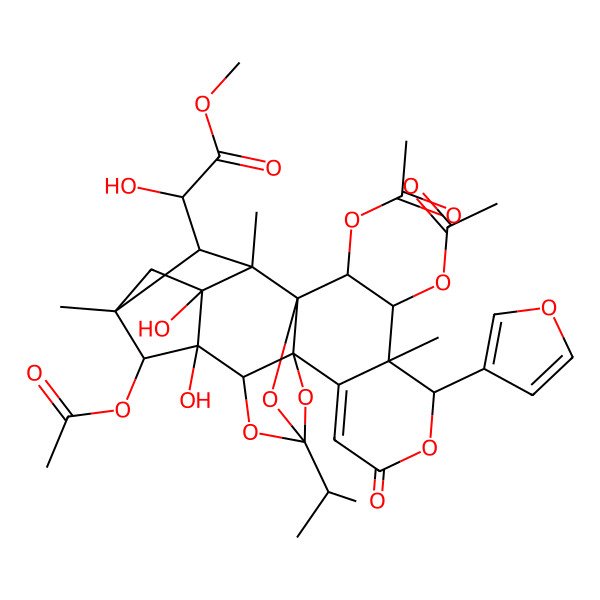 2D Structure of Methyl 2-hydroxy-2-[2,3,22-triacetyloxy-5-(furan-3-yl)-15,16-dihydroxy-4,18,20-trimethyl-7-oxo-12-propan-2-yl-6,11,13,21-tetraoxaheptacyclo[10.8.1.115,18.01,10.04,9.010,14.016,20]docos-8-en-19-yl]acetate