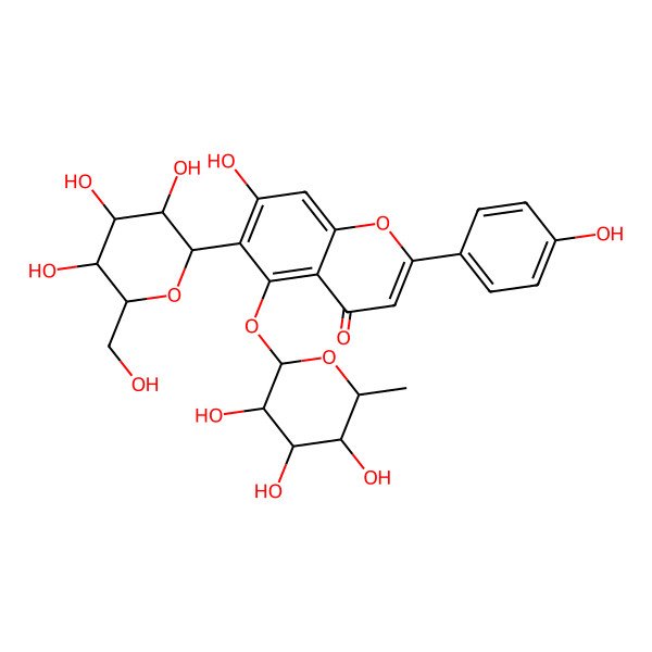 2D Structure of 7-hydroxy-2-(4-hydroxyphenyl)-6-[(2R,3R,4R,5S,6R)-3,4,5-trihydroxy-6-(hydroxymethyl)oxan-2-yl]-5-[(2S,3R,4R,5R,6S)-3,4,5-trihydroxy-6-methyloxan-2-yl]oxychromen-4-one