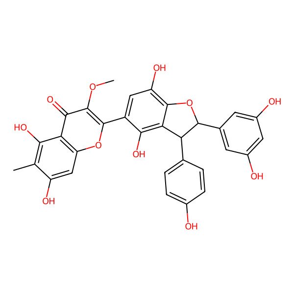 2D Structure of 2-[(2S,3S)-2-(3,5-dihydroxyphenyl)-4,7-dihydroxy-3-(4-hydroxyphenyl)-2,3-dihydro-1-benzofuran-5-yl]-5,7-dihydroxy-3-methoxy-6-methylchromen-4-one