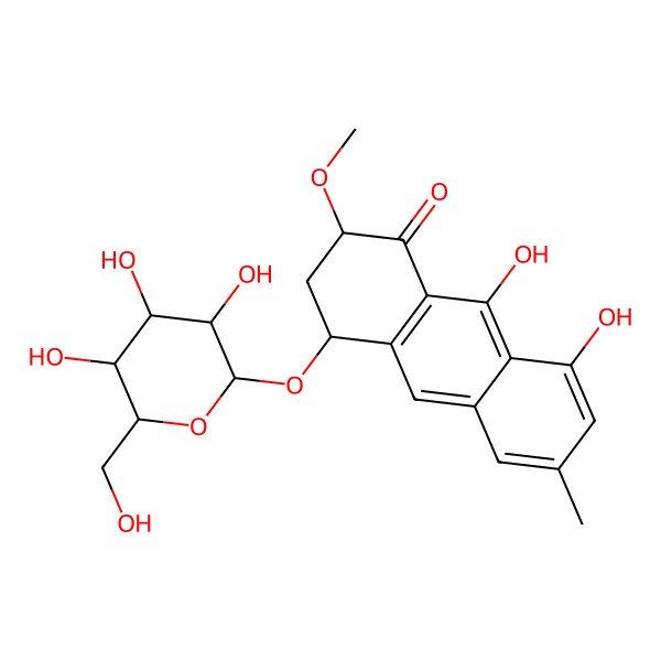 2D Structure of 8,9-dihydroxy-2-methoxy-6-methyl-4-[3,4,5-trihydroxy-6-(hydroxymethyl)oxan-2-yl]oxy-3,4-dihydro-2H-anthracen-1-one