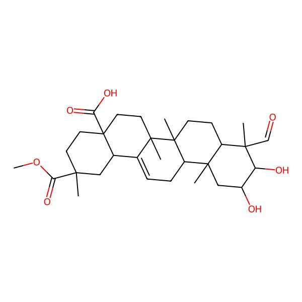 2D Structure of 9-Formyl-10,11-dihydroxy-2-methoxycarbonyl-2,6a,6b,9,12a-pentamethyl-1,3,4,5,6,6a,7,8,8a,10,11,12,13,14b-tetradecahydropicene-4a-carboxylic acid
