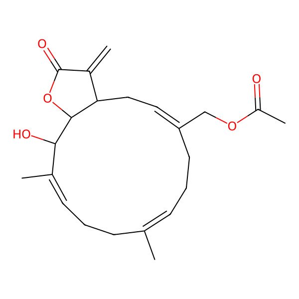 2D Structure of (15-Hydroxy-10,14-dimethyl-3-methylidene-2-oxo-3a,4,7,8,11,12,15,15a-octahydrocyclotetradeca[b]furan-6-yl)methyl acetate