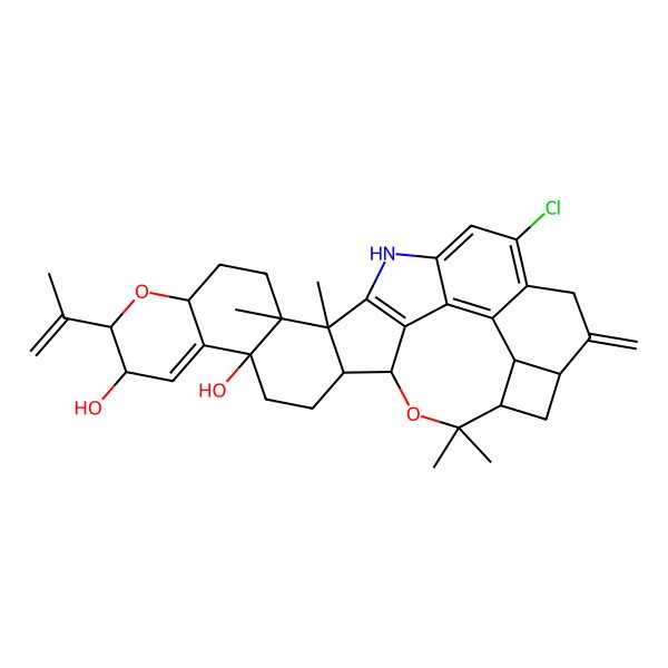 2D Structure of (1S,2R,5S,8R,9R,11S,14R,15S,24S,26S,27S)-20-chloro-14,15,32,32-tetramethyl-23-methylidene-9-prop-1-en-2-yl-10,31-dioxa-17-azanonacyclo[24.4.2.02,15.05,14.06,11.016,30.018,29.021,28.024,27]dotriaconta-6,16(30),18,20,28-pentaene-5,8-diol