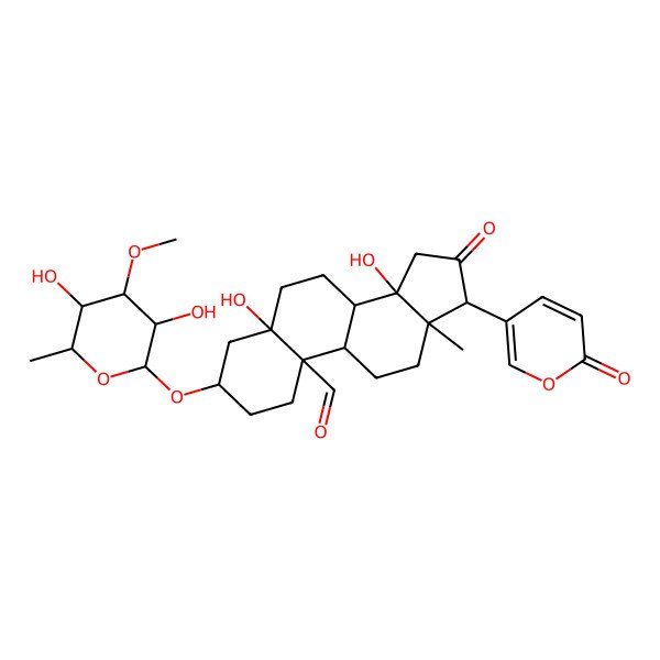 2D Structure of (3S,5S,8R,9S,10S,13R,14S,17R)-3-[(2R,3S,4R,5S,6S)-3,5-dihydroxy-4-methoxy-6-methyloxan-2-yl]oxy-5,14-dihydroxy-13-methyl-16-oxo-17-(6-oxopyran-3-yl)-1,2,3,4,6,7,8,9,11,12,15,17-dodecahydrocyclopenta[a]phenanthrene-10-carbaldehyde
