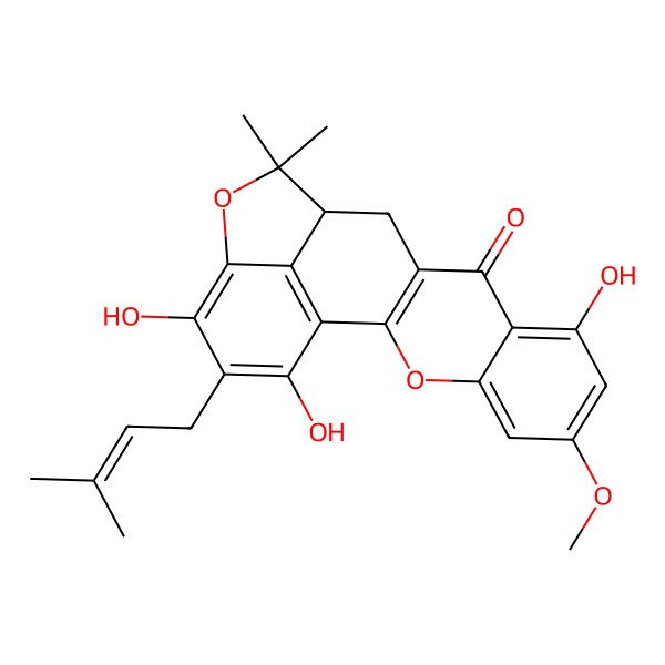 2D Structure of (13R)-8,17,19-trihydroxy-6-methoxy-14,14-dimethyl-18-(3-methylbut-2-enyl)-3,15-dioxapentacyclo[11.6.1.02,11.04,9.016,20]icosa-1(20),2(11),4,6,8,16,18-heptaen-10-one
