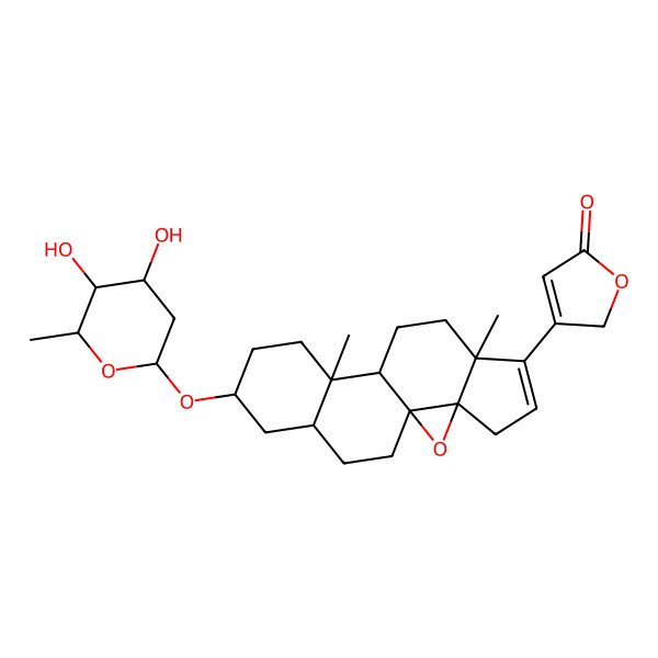 2D Structure of 3-[14-(4,5-dihydroxy-6-methyloxan-2-yl)oxy-7,11-dimethyl-2-oxapentacyclo[8.8.0.01,3.03,7.011,16]octadec-5-en-6-yl]-2H-furan-5-one