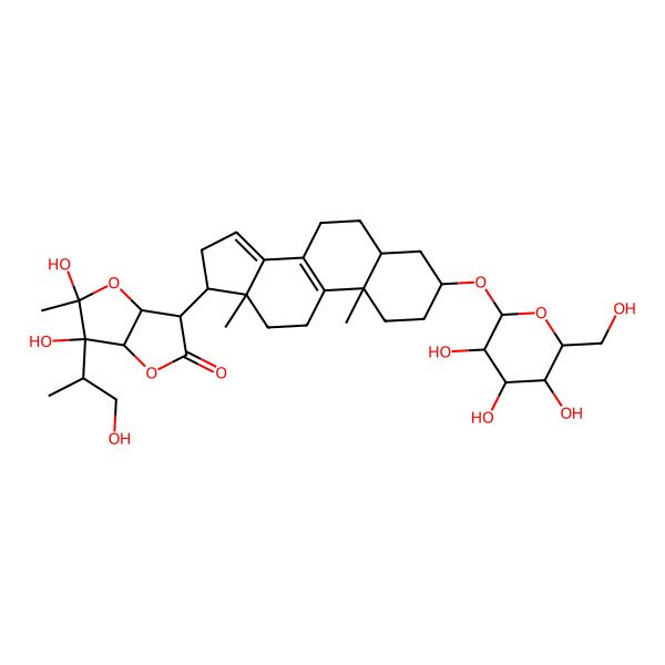 2D Structure of (3S,3aS,5R,6R,6aR)-3-[(3S,5S,10S,13R,17R)-10,13-dimethyl-3-[(2R,3R,4S,5S,6R)-3,4,5-trihydroxy-6-(hydroxymethyl)oxan-2-yl]oxy-2,3,4,5,6,7,11,12,16,17-decahydro-1H-cyclopenta[a]phenanthren-17-yl]-5,6-dihydroxy-6-[(2S)-1-hydroxypropan-2-yl]-5-methyl-3a,6a-dihydro-3H-furo[3,2-b]furan-2-one