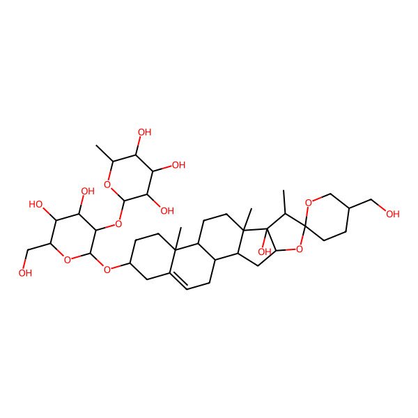 2D Structure of (2S,3R,4R,5R,6S)-2-[(2R,3R,4S,5S,6R)-4,5-dihydroxy-2-[(1R,2S,4S,5'S,6R,7S,8S,9S,12S,13R,16S)-8-hydroxy-5'-(hydroxymethyl)-7,9,13-trimethylspiro[5-oxapentacyclo[10.8.0.02,9.04,8.013,18]icos-18-ene-6,2'-oxane]-16-yl]oxy-6-(hydroxymethyl)oxan-3-yl]oxy-6-methyloxane-3,4,5-triol