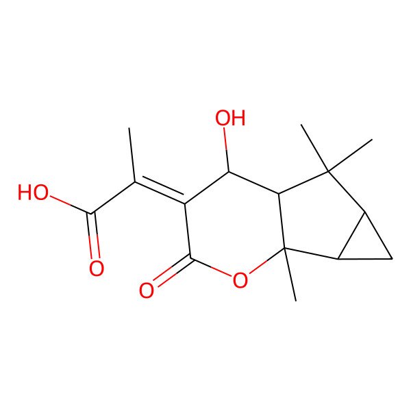 2D Structure of (2E)-2-[(1S,2S,4R,6S,7S)-7-hydroxy-1,5,5-trimethyl-9-oxo-10-oxatricyclo[4.4.0.02,4]decan-8-ylidene]propanoic acid
