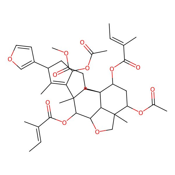 2D Structure of [5-Acetyloxy-10-[5-acetyloxy-3-(furan-3-yl)-2-methylcyclopenten-1-yl]-9-(2-methoxy-2-oxoethyl)-4,8,10-trimethyl-11-(2-methylbut-2-enoyloxy)-2-oxatricyclo[6.3.1.04,12]dodecan-7-yl] 2-methylbut-2-enoate