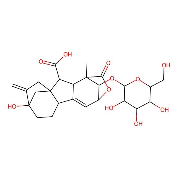 2D Structure of 13-Hydroxy-4-methyl-14-methylidene-5-oxo-17-[3,4,5-trihydroxy-6-(hydroxymethyl)oxan-2-yl]oxy-6-oxapentacyclo[11.2.1.14,7.01,10.03,9]heptadec-8-ene-2-carboxylic acid