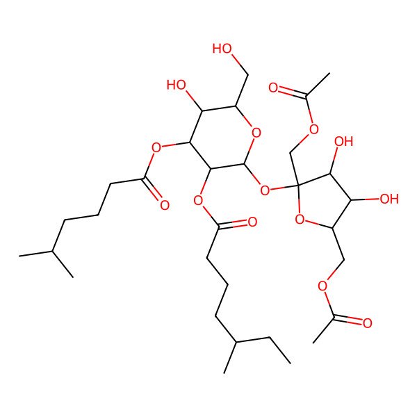 2D Structure of [2-[2,5-Bis(acetyloxymethyl)-3,4-dihydroxyoxolan-2-yl]oxy-5-hydroxy-6-(hydroxymethyl)-4-(5-methylhexanoyloxy)oxan-3-yl] 5-methylheptanoate