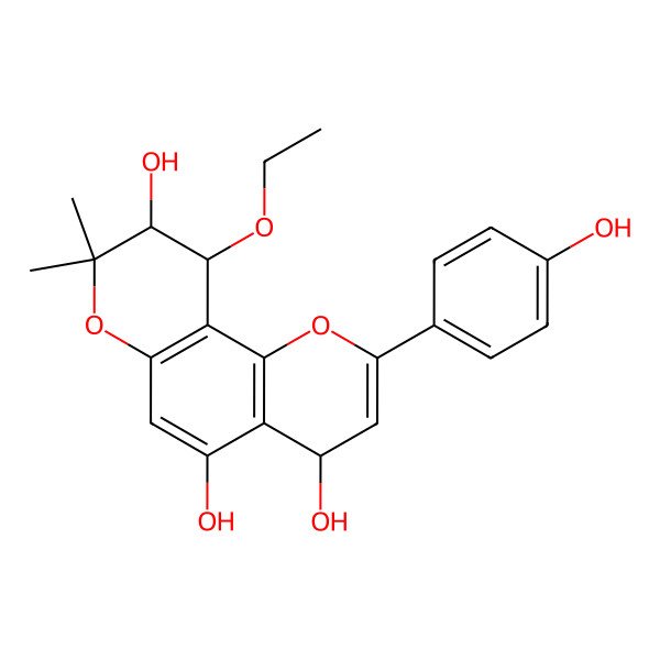 2D Structure of (4S,9S,10S)-10-ethoxy-2-(4-hydroxyphenyl)-8,8-dimethyl-9,10-dihydro-4H-pyrano[2,3-h]chromene-4,5,9-triol