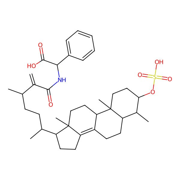 2D Structure of (2S)-2-[[(6R)-3-methyl-2-methylidene-6-[(3S,4S,5S,9R,10S,13R,17R)-4,10,13-trimethyl-3-sulfooxy-2,3,4,5,6,7,9,11,12,15,16,17-dodecahydro-1H-cyclopenta[a]phenanthren-17-yl]heptanoyl]amino]-2-phenylacetic acid