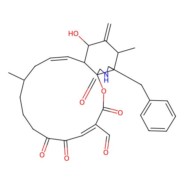 2D Structure of 20-Benzyl-16-hydroxy-11,18-dimethyl-17-methylidene-3,6,7,22-tetraoxo-2-oxa-21-azatricyclo[13.7.0.01,19]docosa-4,13-diene-4-carbaldehyde
