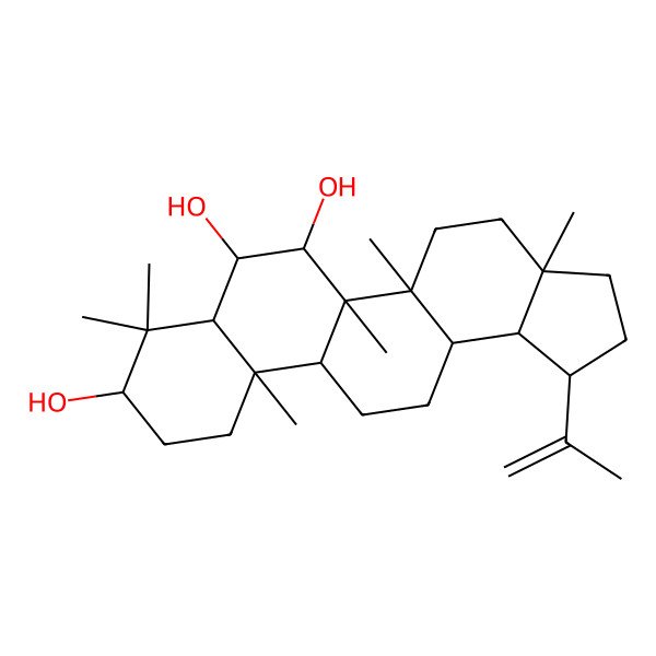 2D Structure of (1R,3aR,5aR,5bR,6R,7S,7aR,9S,11aR,11bR,13aR,13bR)-3a,5a,5b,8,8,11a-hexamethyl-1-prop-1-en-2-yl-1,2,3,4,5,6,7,7a,9,10,11,11b,12,13,13a,13b-hexadecahydrocyclopenta[a]chrysene-6,7,9-triol
