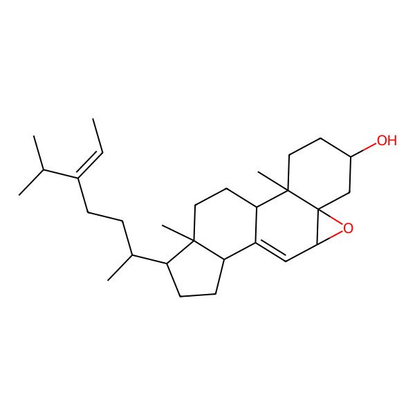 2D Structure of (1S,2R,5S,7R,9S,12R,15R,16R)-2,16-dimethyl-15-[(E,2R)-5-propan-2-ylhept-5-en-2-yl]-8-oxapentacyclo[9.7.0.02,7.07,9.012,16]octadec-10-en-5-ol