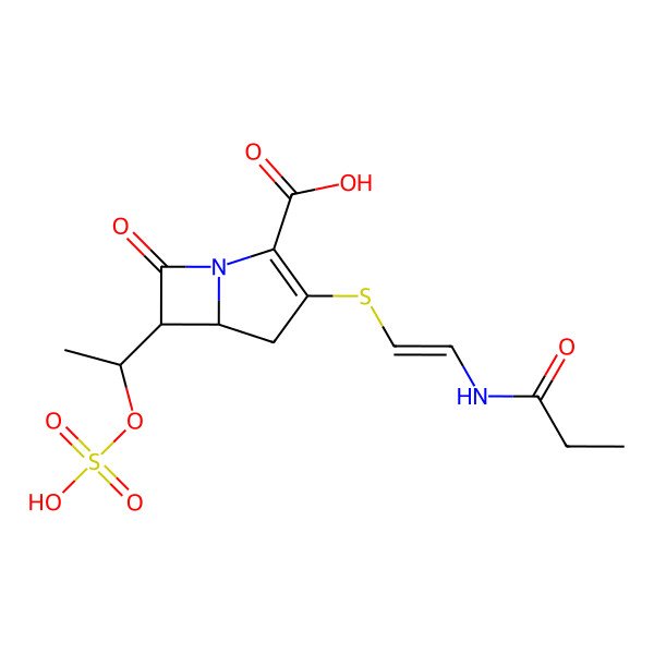 2D Structure of (5R,6R)-7-oxo-3-[(E)-2-(propanoylamino)ethenyl]sulfanyl-6-[(1S)-1-sulfooxyethyl]-1-azabicyclo[3.2.0]hept-2-ene-2-carboxylic acid