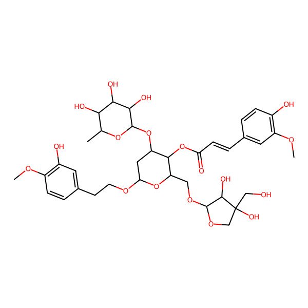 2D Structure of [(2R,3R,4R,6R)-2-[[(2S,3R,4R)-3,4-dihydroxy-4-(hydroxymethyl)oxolan-2-yl]oxymethyl]-6-[2-(3-hydroxy-4-methoxyphenyl)ethoxy]-4-[(2S,3R,4R,5R,6S)-3,4,5-trihydroxy-6-methyloxan-2-yl]oxyoxan-3-yl] (E)-3-(4-hydroxy-3-methoxyphenyl)prop-2-enoate