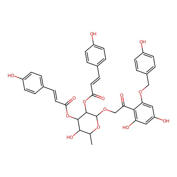 2D Structure of [(2R,3R,4R,5S,6S)-2-[2-[2,4-dihydroxy-6-[(4-hydroxyphenyl)methoxy]phenyl]-2-oxoethoxy]-5-hydroxy-3-[(Z)-3-(4-hydroxyphenyl)prop-2-enoyl]oxy-6-methyloxan-4-yl] (Z)-3-(4-hydroxyphenyl)prop-2-enoate