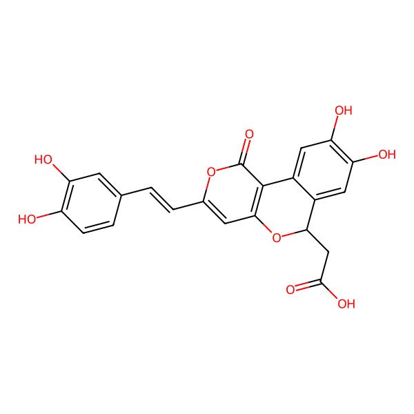 2D Structure of 2-[3-[2-(3,4-dihydroxyphenyl)ethenyl]-8,9-dihydroxy-1-oxo-6H-pyrano[4,3-c]isochromen-6-yl]acetic acid