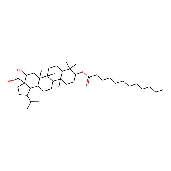 2D Structure of [(1R,3aS,4S,5aR,5bR,7aR,9S,11aR,11bR,13aS,13bR)-4-hydroxy-3a-(hydroxymethyl)-5a,5b,8,8,11a-pentamethyl-1-prop-1-en-2-yl-1,2,3,4,5,6,7,7a,9,10,11,11b,12,13,13a,13b-hexadecahydrocyclopenta[a]chrysen-9-yl] dodecanoate