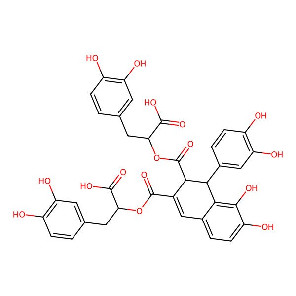 2D Structure of (2R)-2-[(1R,2S)-3-[(1R)-1-carboxy-2-(3,4-dihydroxyphenyl)ethoxy]carbonyl-1-(3,4-dihydroxyphenyl)-7,8-dihydroxy-1,2-dihydronaphthalene-2-carbonyl]oxy-3-(3,4-dihydroxyphenyl)propanoic acid