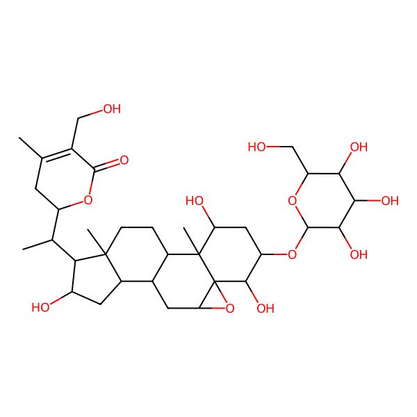 2D Structure of (2R)-5-(hydroxymethyl)-4-methyl-2-[(1S)-1-[(1S,2S,3S,5S,6S,7R,9R,11S,12S,14S,15R,16S)-3,6,14-trihydroxy-2,16-dimethyl-5-[(2R,3R,4S,5S,6R)-3,4,5-trihydroxy-6-(hydroxymethyl)oxan-2-yl]oxy-8-oxapentacyclo[9.7.0.02,7.07,9.012,16]octadecan-15-yl]ethyl]-2,3-dihydropyran-6-one