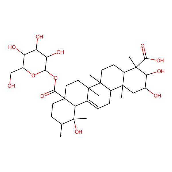 2D Structure of (2R,3R,4S,4aS,6aR,6bS,8aS,11R,12R,12aR,14aR,14bR)-2,3,12-trihydroxy-4,6a,6b,11,12,14b-hexamethyl-8a-[(2S,3R,4S,5S,6R)-3,4,5-trihydroxy-6-(hydroxymethyl)oxan-2-yl]oxycarbonyl-1,2,3,4a,5,6,7,8,9,10,11,12a,14,14a-tetradecahydropicene-4-carboxylic acid
