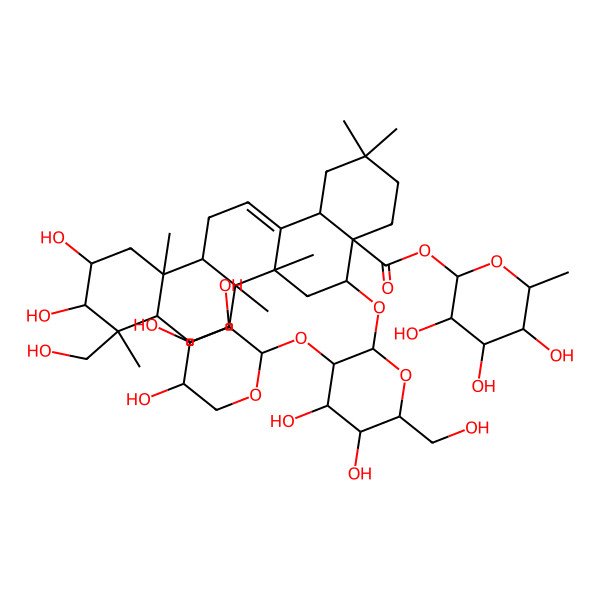 2D Structure of (3,4,5-Trihydroxy-6-methyloxan-2-yl) 5-[4,5-dihydroxy-6-(hydroxymethyl)-3-(3,4,5-trihydroxyoxan-2-yl)oxyoxan-2-yl]oxy-10,11-dihydroxy-9-(hydroxymethyl)-2,2,6a,6b,9,12a-hexamethyl-1,3,4,5,6,6a,7,8,8a,10,11,12,13,14b-tetradecahydropicene-4a-carboxylate