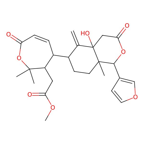 2D Structure of methyl 2-[(3R,4R)-4-[(1R,4aR,6S,8aR)-1-(furan-3-yl)-4a-hydroxy-8a-methyl-5-methylidene-3-oxo-4,6,7,8-tetrahydro-1H-isochromen-6-yl]-2,2-dimethyl-7-oxo-3,4-dihydrooxepin-3-yl]acetate