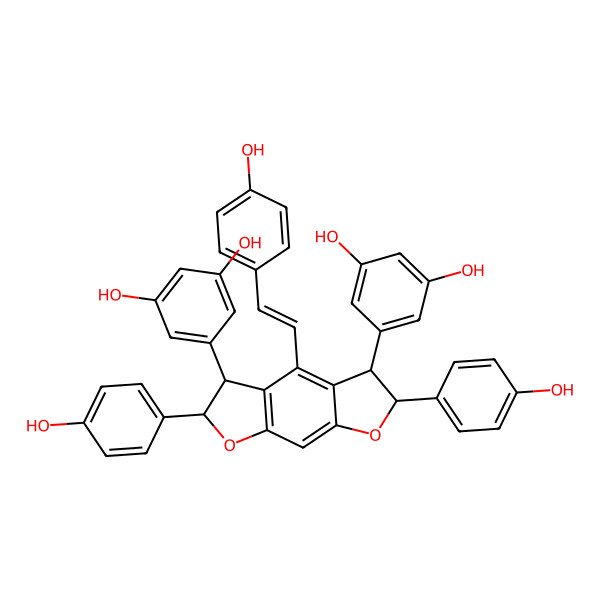 2D Structure of 5-[(2R,3R,5R,6R)-3-(3,5-dihydroxyphenyl)-2,6-bis(4-hydroxyphenyl)-4-[(E)-2-(4-hydroxyphenyl)ethenyl]-2,3,5,6-tetrahydrofuro[3,2-f][1]benzofuran-5-yl]benzene-1,3-diol