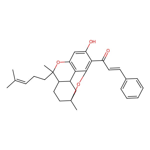 2D Structure of 1-[9-Hydroxy-1,5-dimethyl-5-(4-methylpent-3-enyl)-6,15-dioxatetracyclo[9.3.1.04,13.07,12]pentadeca-7(12),8,10-trien-10-yl]-3-phenylprop-2-en-1-one