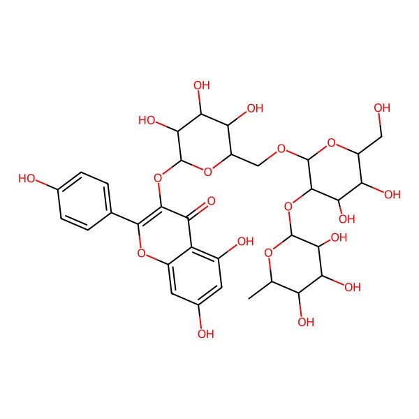 2D Structure of 3-[(2S,3R,4S,5R,6R)-6-[[(2R,3R,4S,5S,6R)-4,5-dihydroxy-6-(hydroxymethyl)-3-[(2S,3R,4R,5R,6S)-3,4,5-trihydroxy-6-methyloxan-2-yl]oxyoxan-2-yl]oxymethyl]-3,4,5-trihydroxyoxan-2-yl]oxy-5,7-dihydroxy-2-(4-hydroxyphenyl)chromen-4-one