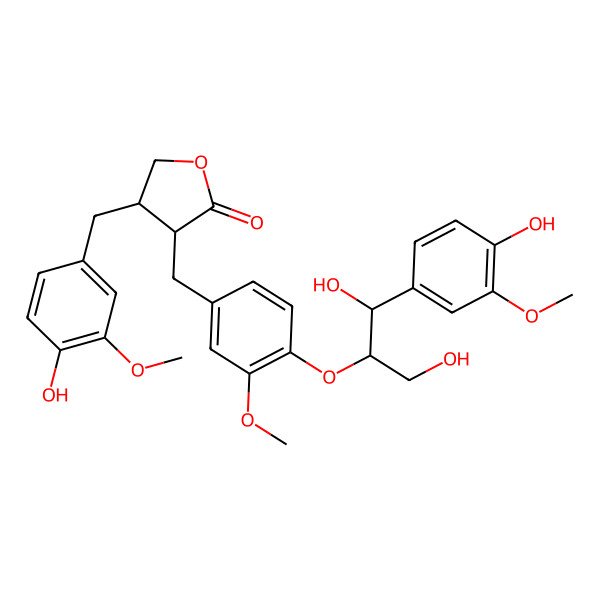 2D Structure of (3R,4R)-3-[[4-[(1R,2R)-1,3-dihydroxy-1-(4-hydroxy-3-methoxyphenyl)propan-2-yl]oxy-3-methoxyphenyl]methyl]-4-[(4-hydroxy-3-methoxyphenyl)methyl]oxolan-2-one