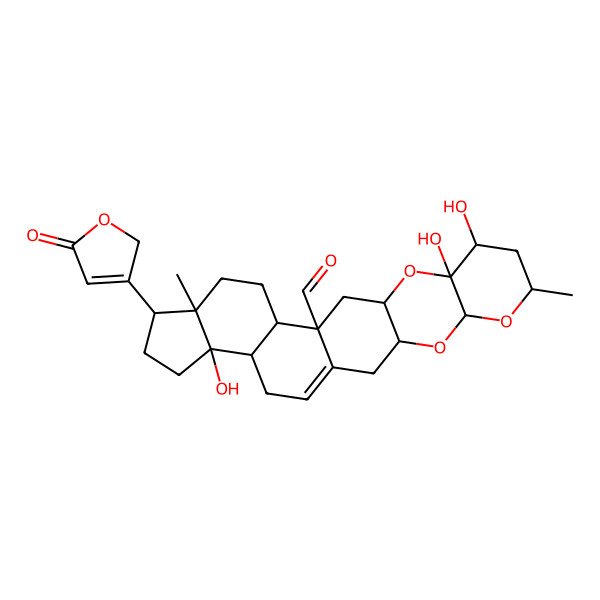 2D Structure of (3R,5S,7R,9R,10S,12R,14S,15S,18R,19R,22S,23R)-9,10,22-trihydroxy-7,18-dimethyl-19-(5-oxo-2H-furan-3-yl)-4,6,11-trioxahexacyclo[12.11.0.03,12.05,10.015,23.018,22]pentacos-1(25)-ene-14-carbaldehyde