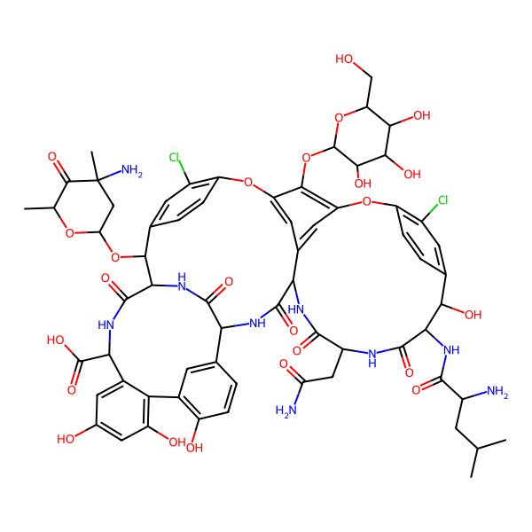 2D Structure of (1S,2R,18R,19R,22S,25R,28R,40S)-2-[(2R,4S,6S)-4-amino-4,6-dimethyl-5-oxooxan-2-yl]oxy-19-[[(2R)-2-amino-4-methylpentanoyl]amino]-22-(2-amino-2-oxoethyl)-5,15-dichloro-18,32,35,37-tetrahydroxy-20,23,26,42,44-pentaoxo-48-[(2S,3R,4S,5S,6R)-3,4,5-trihydroxy-6-(hydroxymethyl)oxan-2-yl]oxy-7,13-dioxa-21,24,27,41,43-pentazaoctacyclo[26.14.2.23,6.214,17.18,12.129,33.010,25.034,39]pentaconta-3,5,8,10,12(48),14,16,29(45),30,32,34(39),35,37,46,49-pentadecaene-40-carboxylic acid