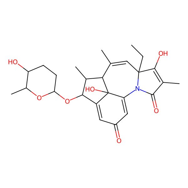 2D Structure of (6S,9S,10R,11S,16S)-6-ethyl-5,16-dihydroxy-11-[(2R,5R,6R)-5-hydroxy-6-methyloxan-2-yl]oxy-4,8,10-trimethyl-2-azatetracyclo[7.6.1.02,6.012,16]hexadeca-1(15),4,7,12-tetraene-3,14-dione