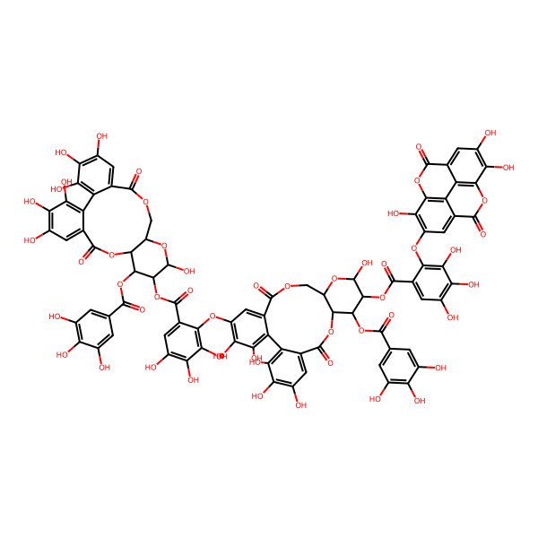 2D Structure of [3,4,5,13,21,22,23-Heptahydroxy-8,18-dioxo-11-(3,4,5-trihydroxybenzoyl)oxy-9,14,17-trioxatetracyclo[17.4.0.02,7.010,15]tricosa-1(23),2,4,6,19,21-hexaen-12-yl] 2-[[3,4,5,13,22,23-hexahydroxy-8,18-dioxo-11-(3,4,5-trihydroxybenzoyl)oxy-12-[3,4,5-trihydroxy-2-[(7,13,14-trihydroxy-3,10-dioxo-2,9-dioxatetracyclo[6.6.2.04,16.011,15]hexadeca-1(15),4,6,8(16),11,13-hexaen-6-yl)oxy]benzoyl]oxy-9,14,17-trioxatetracyclo[17.4.0.02,7.010,15]tricosa-1(23),2,4,6,19,21-hexaen-21-yl]oxy]-3,4,5-trihydroxybenzoate