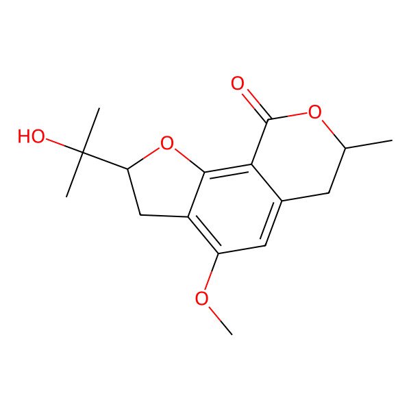 2D Structure of 9H-Furo[3,2-h][2]benzopyran-9-one, 2,3,6,7-tetrahydro-2-(1-hydroxy-1-methylethyl)-4-methoxy-7-methyl-, (2S,7S)-