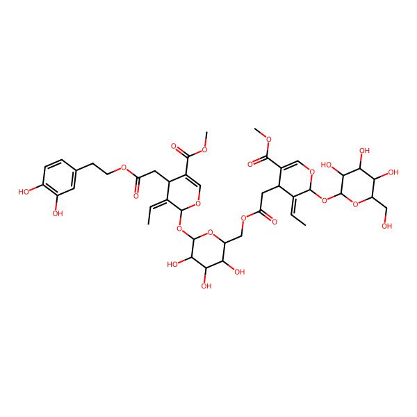 2D Structure of methyl (4S,5E,6S)-4-[2-[2-(3,4-dihydroxyphenyl)ethoxy]-2-oxoethyl]-5-ethylidene-6-[(2S,3R,4S,5S,6R)-6-[[2-[(2S,4S)-3-ethylidene-5-methoxycarbonyl-2-[(2S,3R,4S,5S,6R)-3,4,5-trihydroxy-6-(hydroxymethyl)oxan-2-yl]oxy-4H-pyran-4-yl]acetyl]oxymethyl]-3,4,5-trihydroxyoxan-2-yl]oxy-4H-pyran-3-carboxylate