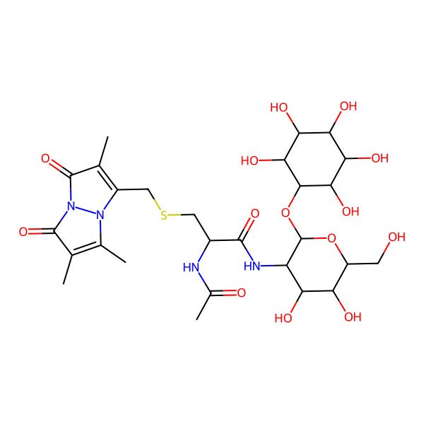 2D Structure of 2-acetamido-N-[4,5-dihydroxy-6-(hydroxymethyl)-2-(2,3,4,5,6-pentahydroxycyclohexyl)oxyoxan-3-yl]-3-[(1,2,6-trimethyl-3,5-dioxopyrazolo[1,2-a]pyrazol-7-yl)methylsulfanyl]propanamide
