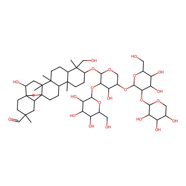2D Structure of 10-[5-[4,5-Dihydroxy-6-(hydroxymethyl)-3-(3,4,5-trihydroxyoxan-2-yl)oxyoxan-2-yl]oxy-4-hydroxy-3-[3,4,5-trihydroxy-6-(hydroxymethyl)oxan-2-yl]oxyoxan-2-yl]oxy-2-hydroxy-9-(hydroxymethyl)-4,5,9,13,20-pentamethyl-24-oxahexacyclo[15.5.2.01,18.04,17.05,14.08,13]tetracosane-20-carbaldehyde