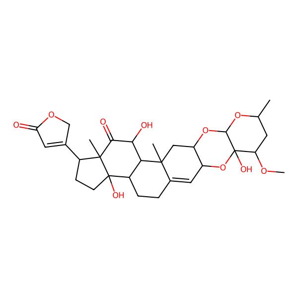 2D Structure of (3R,5S,6S,8R,10S,12R,14R,15S,16S,18R,19R,22S,23R)-5,16,22-trihydroxy-6-methoxy-8,14,18-trimethyl-19-(5-oxo-2H-furan-3-yl)-4,9,11-trioxahexacyclo[12.11.0.03,12.05,10.015,23.018,22]pentacos-1-en-17-one