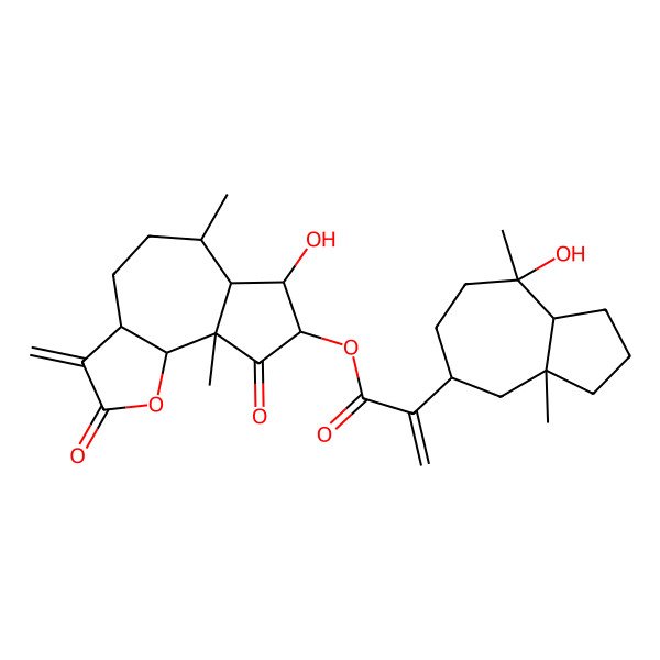 2D Structure of (7-Hydroxy-6,9a-dimethyl-3-methylidene-2,9-dioxo-3a,4,5,6,6a,7,8,9b-octahydroazuleno[4,5-b]furan-8-yl) 2-(8-hydroxy-3a,8-dimethyl-1,2,3,4,5,6,7,8a-octahydroazulen-5-yl)prop-2-enoate