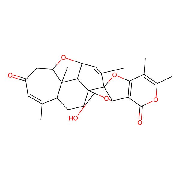 2D Structure of 14-Hydroxy-3,7,8,19,24-pentamethyl-5,9,13,26-tetraoxaheptacyclo[21.2.1.04,12.04,15.06,11.015,25.018,24]hexacosa-2,6(11),7,19-tetraene-10,21-dione