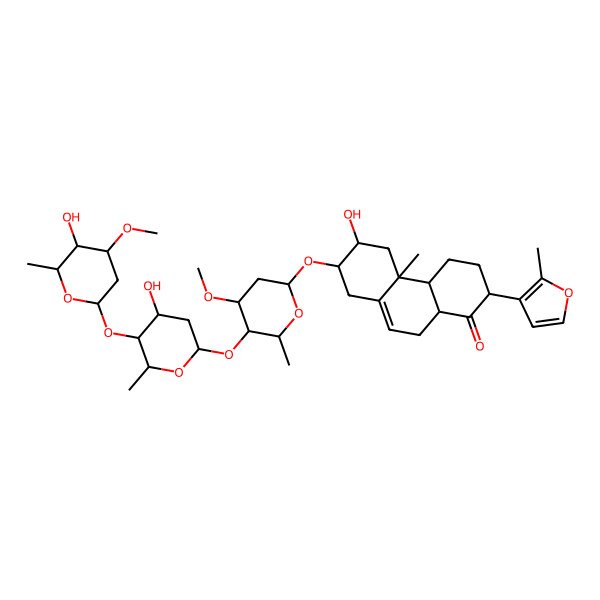 2D Structure of (6R,7R)-6-hydroxy-7-[(2R,4R,5S,6S)-5-[(2S,4S,5S,6R)-4-hydroxy-5-[(2S,4R,5S,6S)-5-hydroxy-4-methoxy-6-methyloxan-2-yl]oxy-6-methyloxan-2-yl]oxy-4-methoxy-6-methyloxan-2-yl]oxy-4b-methyl-2-(2-methylfuran-3-yl)-2,3,4,4a,5,6,7,8,10,10a-decahydrophenanthren-1-one