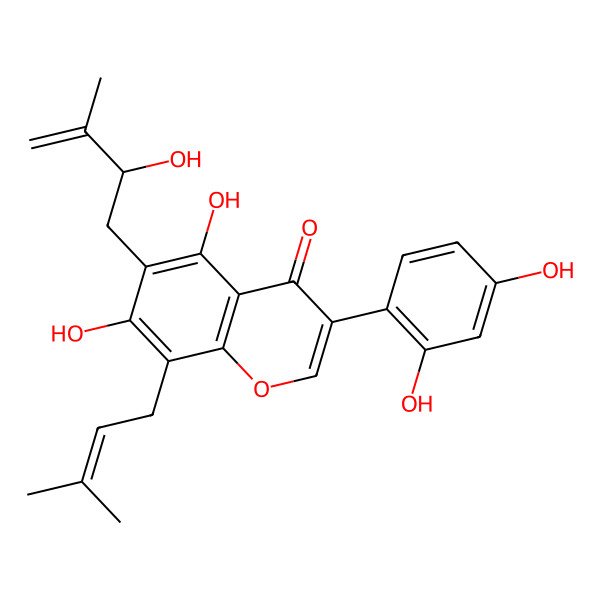 2D Structure of 3-(2,4-dihydroxyphenyl)-5,7-dihydroxy-6-[(2R)-2-hydroxy-3-methylbut-3-enyl]-8-(3-methylbut-2-enyl)chromen-4-one
